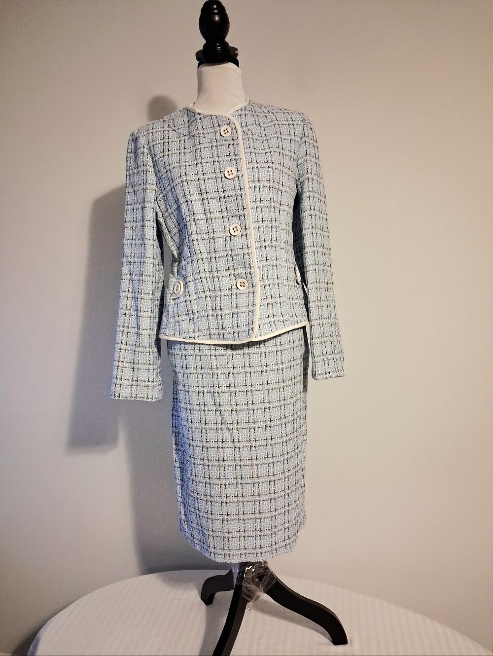 Larry Levine Light Blue and White Tweed Skirt Set